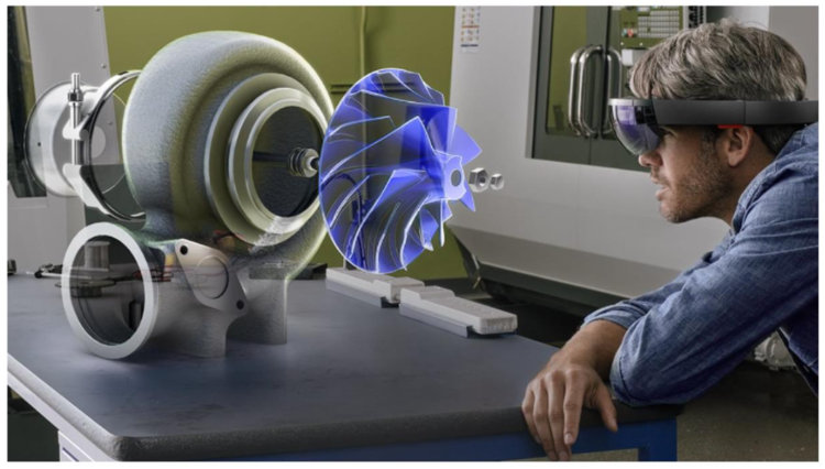Person wearing a HoloLens MR headset device looking at a holographic engine part